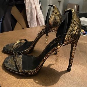 Saint Laurent Gold and Black snake print heels
